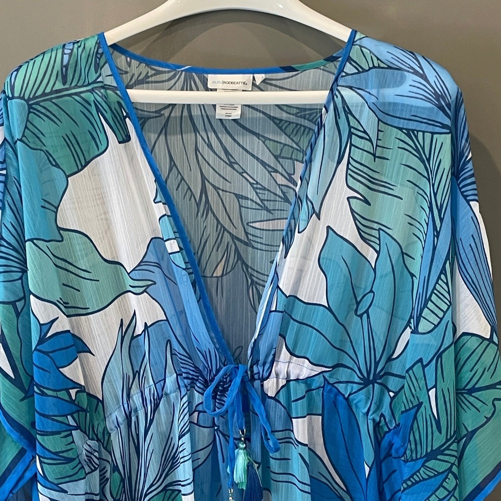 Bleu Rod Beattie Women Blue Green Tropical Leaf Print Tassel Caftan Cover Up L
